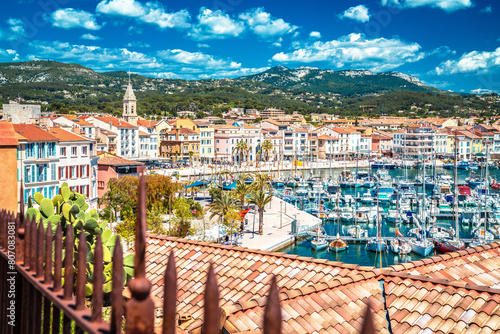 Town of Sanary sur Mer colorful waterfront view from the hill