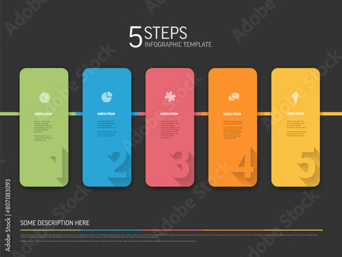 Dark five solid color card steps template with big numbers icons and description