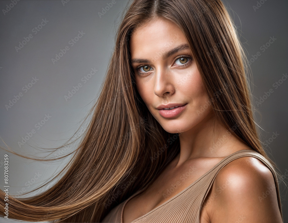 schöne Frau mit langen glatten braunen Haaren Studioaufnahme 