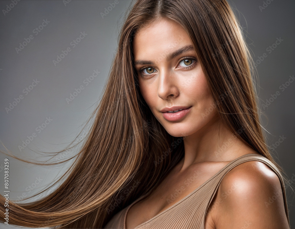 schöne Frau mit langen glatten braunen Haaren Studioaufnahme schöne Frau mit langen glatten braunen Haaren Studioaufnahme