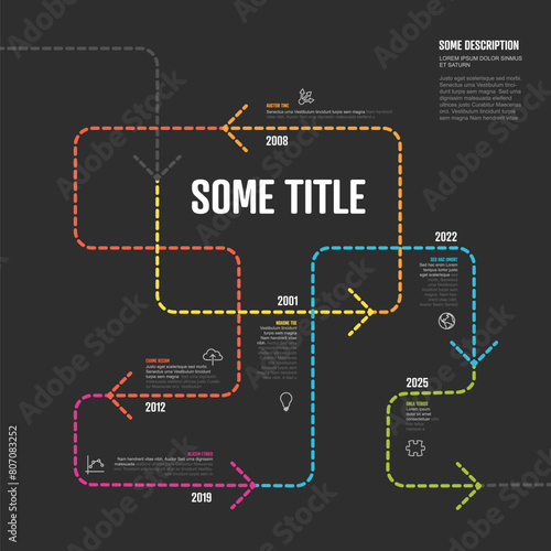 Tangle timeline Infographic template with arrows on color dotted line and dark background