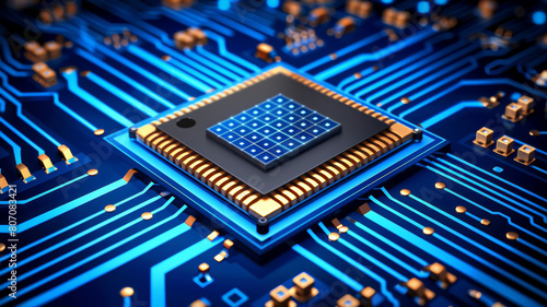 A computer chip is shown in a blue and gold color scheme