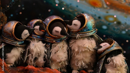 A heartwarming scene of a family of penguins dressed in miniature spacesuits, huddling together as they sleep under the auroras of Jupiter