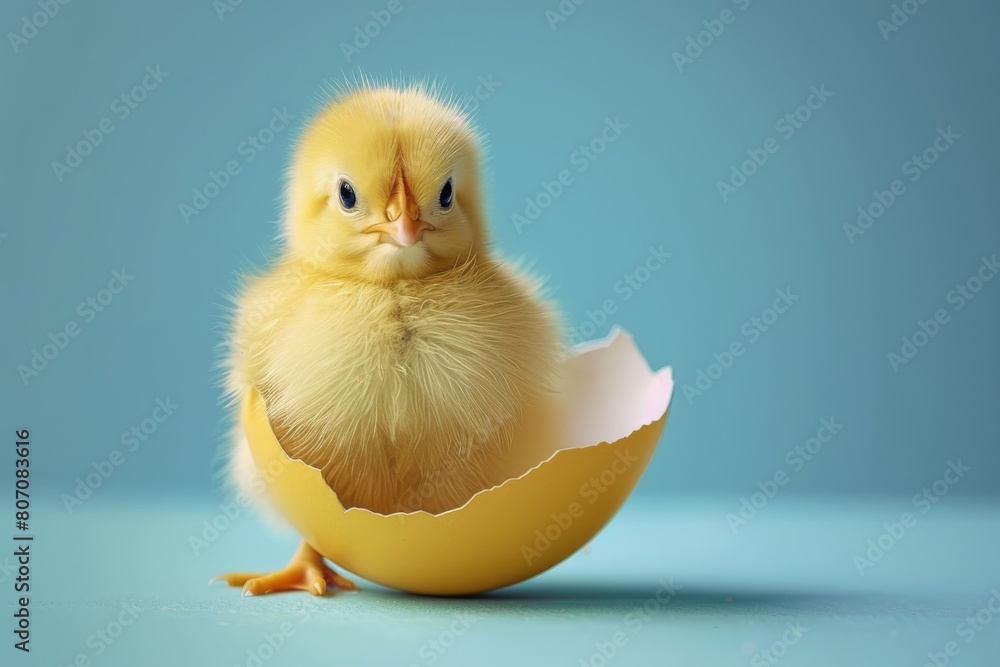 Chick in half eggshell, blue background