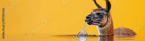 A llama spitting into a pond out of curiosity, causing ripples and splashes, set against a pastel yellow background photo