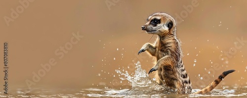 A meerkat unexpectedly encountering water, its quick jump back causing a splash, on a muted pastel tan background photo