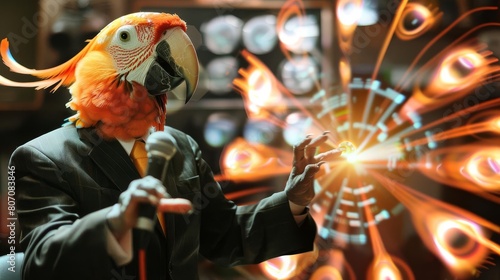 A parrot in a suit giving a keynote speech at an intergalactic conference, with simultaneous translation holograms flaring up
