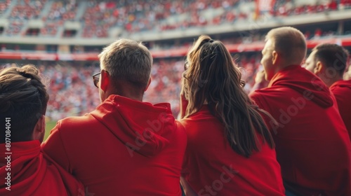 Group of fans dressed in red color watching a sports event