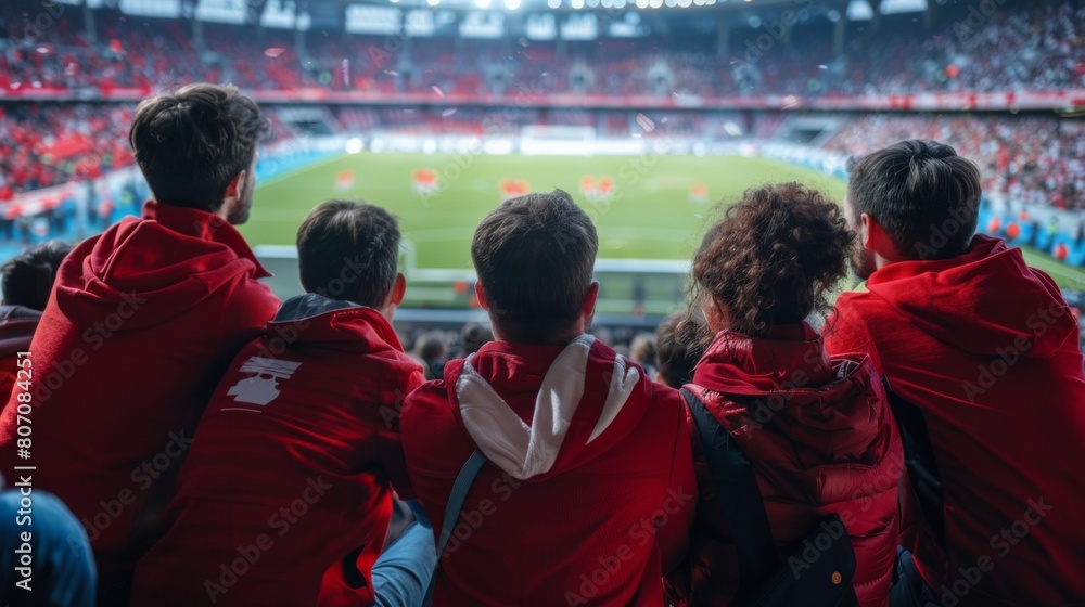 Fototapeta premium Group of fans dressed in red color watching a sports event