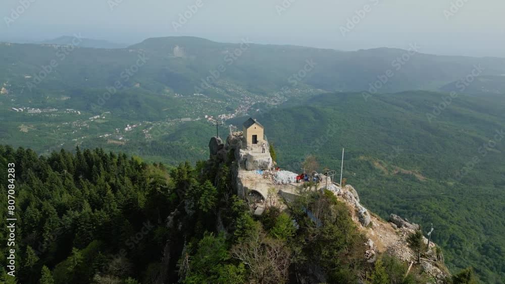 small church on top of mountain, overlooking the valley,aerial view,overall plan small church on top of mountain, overlooking the valley,aerial view,overall plan