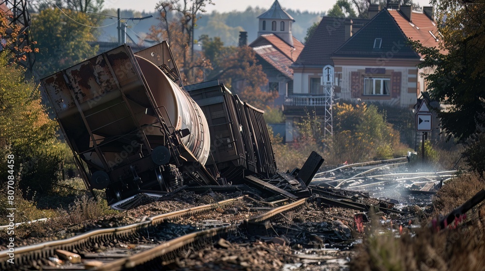 A freight train derails near a sleepy town, twisted metal and cargo strewn across the tracks