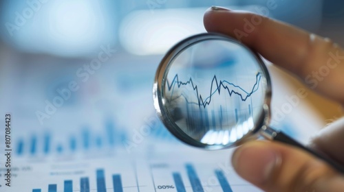 A hand holding a magnifying glass over a financial chart, symbolizing attention to detail and thorough analysis in business data interpretation.