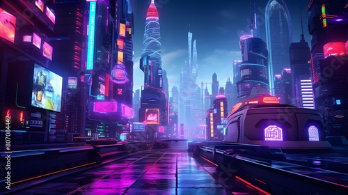 Futuristic city at night with neon lights. 3D rendering