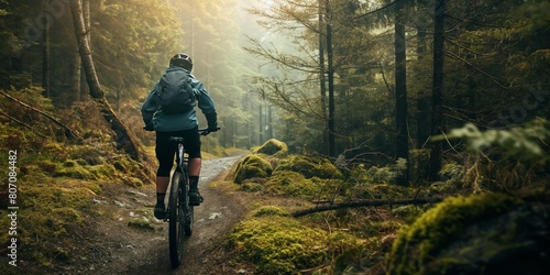A mountain biker rides a narrow path amidst dense foggy forest, conveying a sense of adventure © gunzexx png and bg