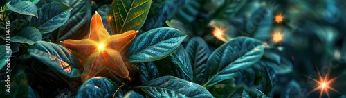 A star fruit navigating through a cybernetic forest, each tip sparking as it brushes against bioelectric leaves photo