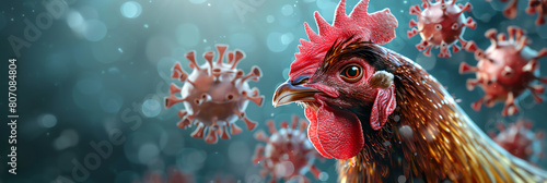 A close-up of a chicken surrounded by virus particles, symbolizing the threat of avian disease outbreaks like bird flu in poultry. photo