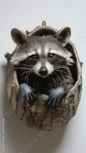A mischievous raccoon morphing into a compact, hidden storage bin, perfect for stowing away toys photo