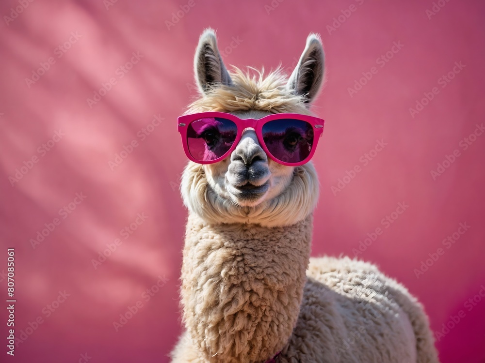 Step into a world of playful charm as a lama alpaca dons fashionable pink sunglasses against a bright pink background, capturing hearts with its irresistible cuteness.