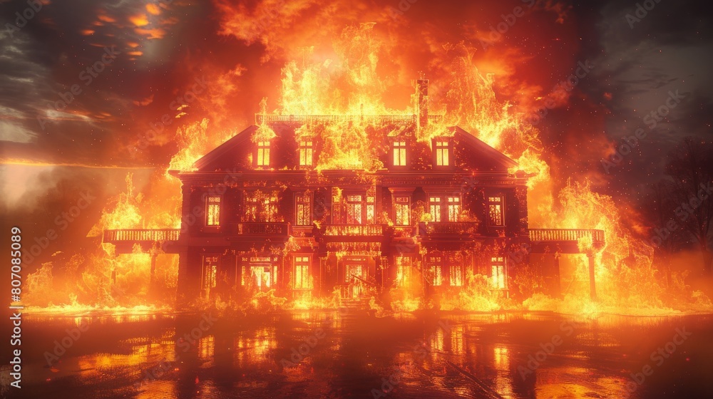 A house is on fire and the flames are reflecting in the water