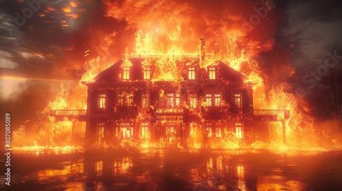 A house is on fire and the flames are reflecting in the water