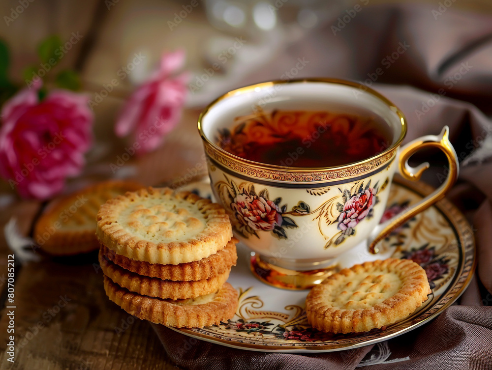 A cup of English tea with a few delicious cookies.
A cup of English tea with a few delicious cookies.