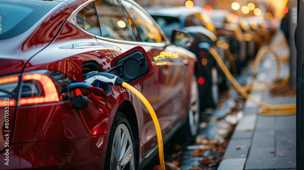 Electric cars charging at a street charger point representing the transition from fuel-powered vehicles to electric ones Electric cars charging at a street charger point representing the transition from fuel-powered vehicles to electric ones