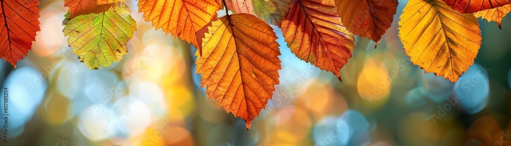 Closeup of colorful autumn leaves against a blurred forest background, detailed texture for seasonal digital art Closeup of colorful autumn leaves against a blurred forest background, detailed texture for seasonal digital art