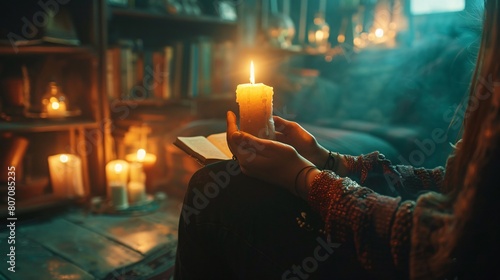 An enchanting scene of a witch reading tarot cards to unveil fortunes for her visitors.  photo