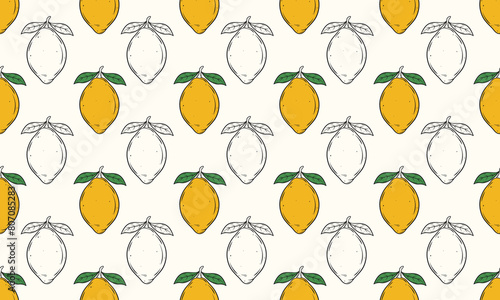 Tropical seamless pattern with yellow lemons. Fruit repeated background. Vector illustration for design and print.