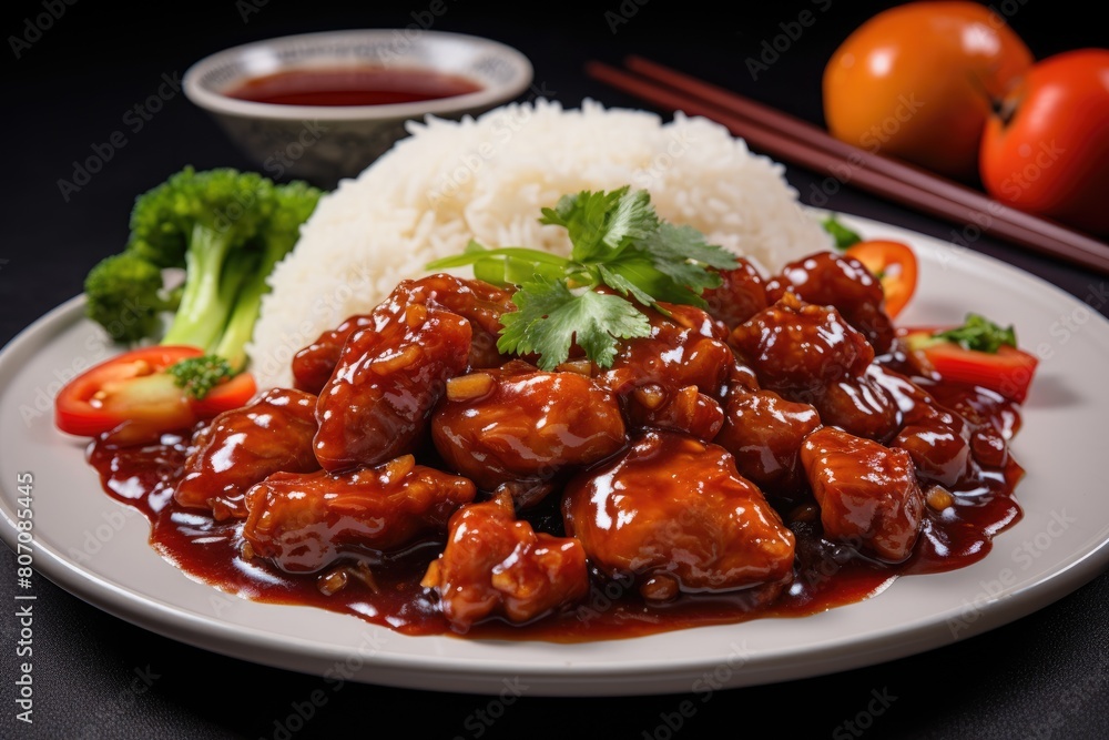 Chinese national dish Pork in sweet and sour sauce with rice Chinese national dish Pork in sweet and sour sauce with rice