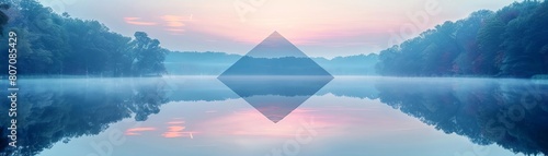 Diamondshaped window into a serene lake at dawn, reflections and soft colors for peaceful settings photo