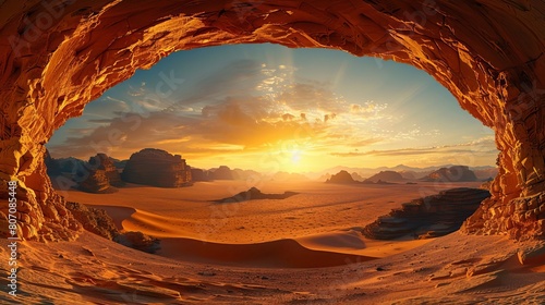 Elliptical frame showing a desert under a blazing sunset, warm tones and vast landscape for immersive experiences photo