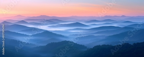 Misty hills at sunrise, layers of hills visible in the soft morning light, perfect for layered digital art
