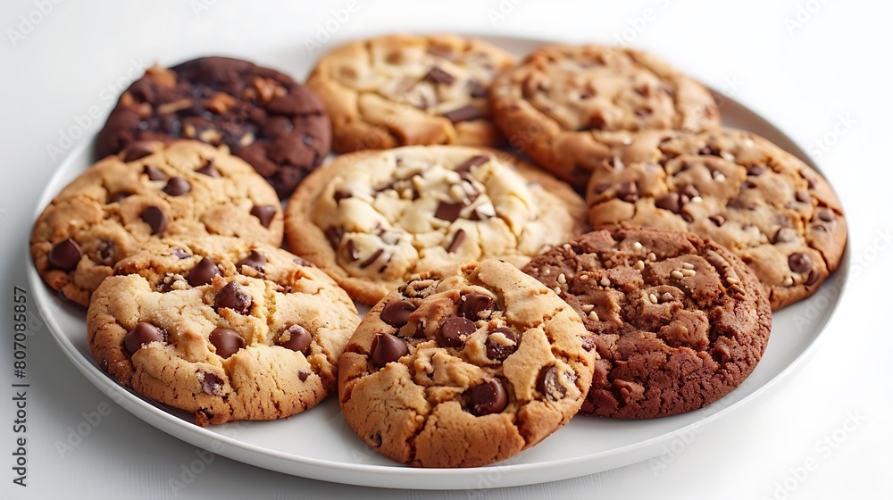 selection of freshly baked cookies on white plate, including brown, round, and chocolate cookies