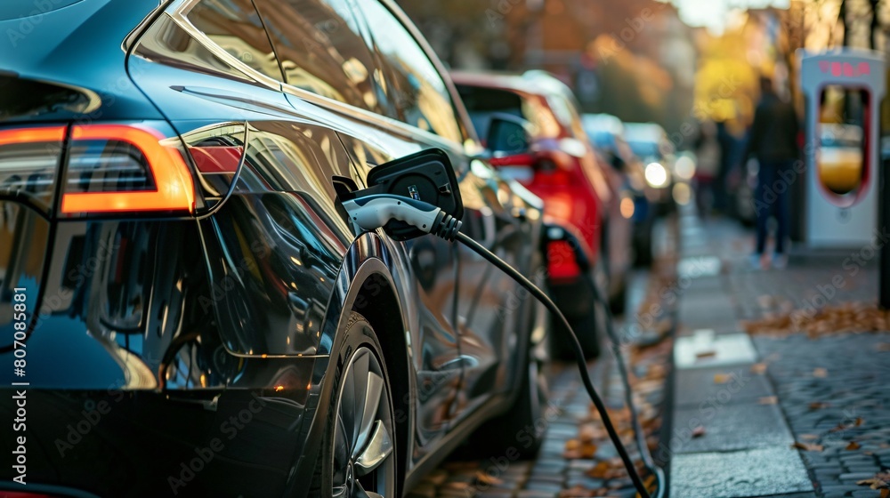 Electric cars charging at a street charger point representing the transition from fuel-powered vehicles to electric ones Electric cars charging at a street charger point representing the transition from fuel-powered vehicles to electric ones