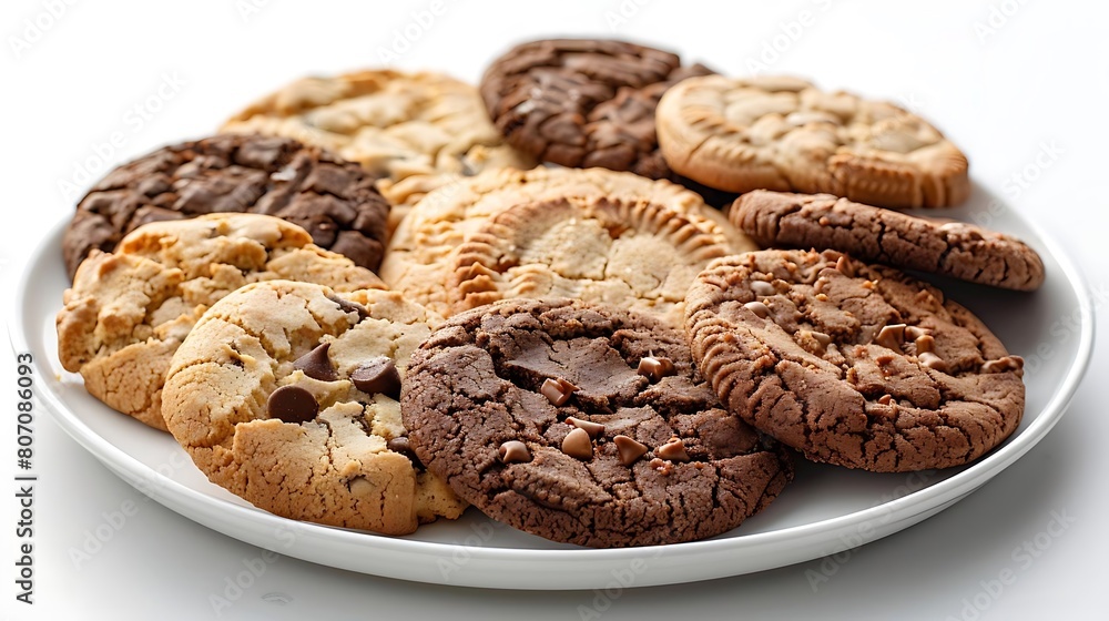 selection of freshly baked cookies on white plate, including brown, chocolate, and regular cookies, placed on a transparent background selection of freshly baked cookies on white plate, including brown, chocolate, and regular cookies, placed on a transparent background