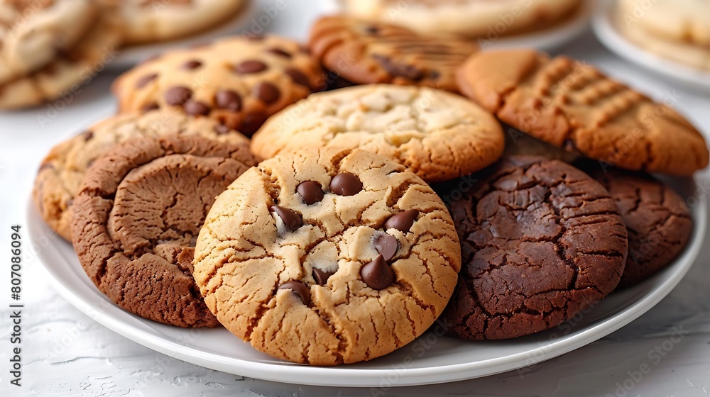 selection of freshly baked cookies on white plate, including brown, round, and chocolate varieties selection of freshly baked cookies on white plate, including brown, round, and chocolate varieties