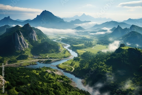 South Korea landscape. Majestic Mountains and Serene River in Picturesque Valley at Sunrise.