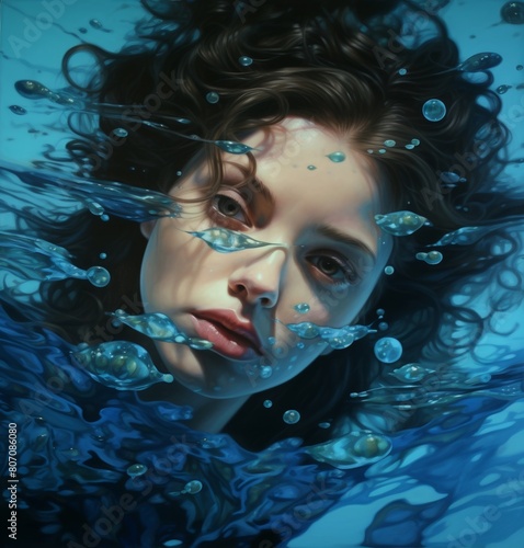 Captivating Underwater Portrait Of A Woman Surrounded By Bubbles. This Artistic Representation Blends Realism With Fantasy, Perfect For Themes Of Serenity And Mystery..Female Character Avatar Portrait