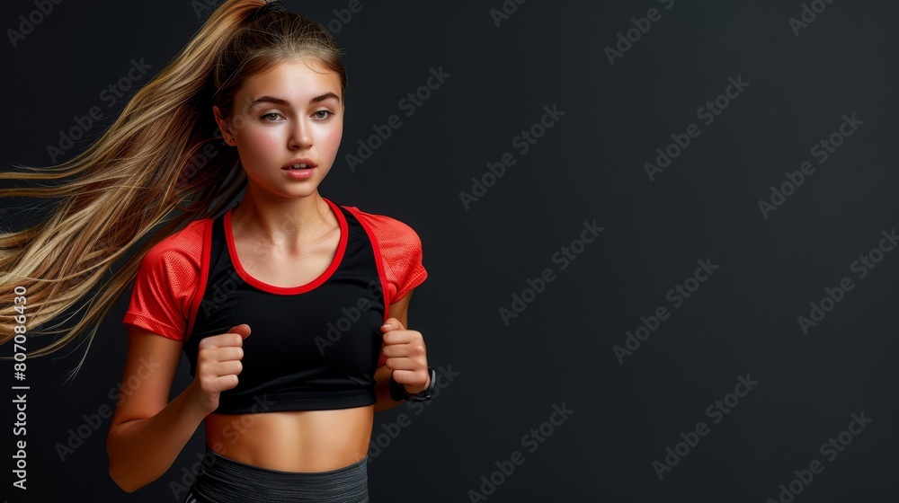 A woman dons a black-and-red blouse and a matching skirt, her hair billows in the wind A woman dons a black-and-red blouse and a matching skirt, her hair billows in the wind