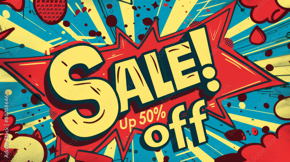 Comic-inspired advertisement banner for a sale offering discounts of up to 50% off. Comic-inspired advertisement banner for a sale offering discounts of up to 50% off.