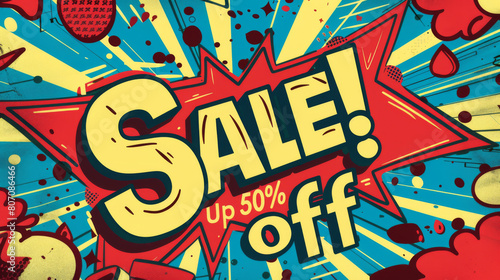 Comic-inspired advertisement banner for a sale offering discounts of up to 50  off.