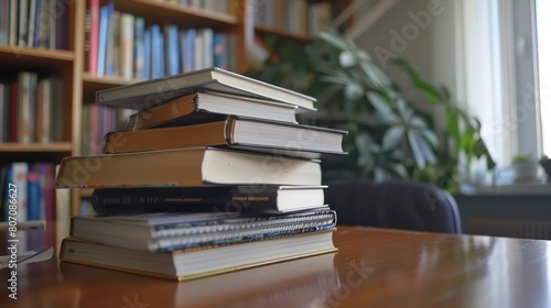 A stack of textbooks and reference materials arranged neatly on a desk, ready for studying or research.  photo