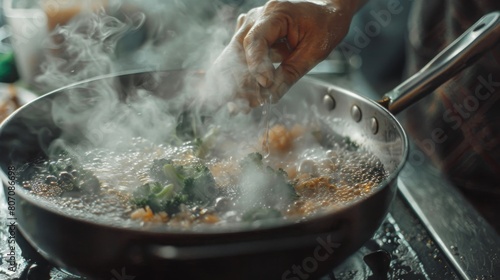 A hand stirring ingredients in a boiling hot pot filled with savory broth, capturing the essence of cooking and enjoying a flavorful meal.