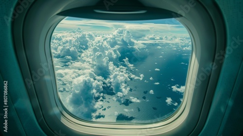 Beautiful view of sky and clouds through the aircraft window. Airplane window. Concept of travel and air transportation © Vladimir