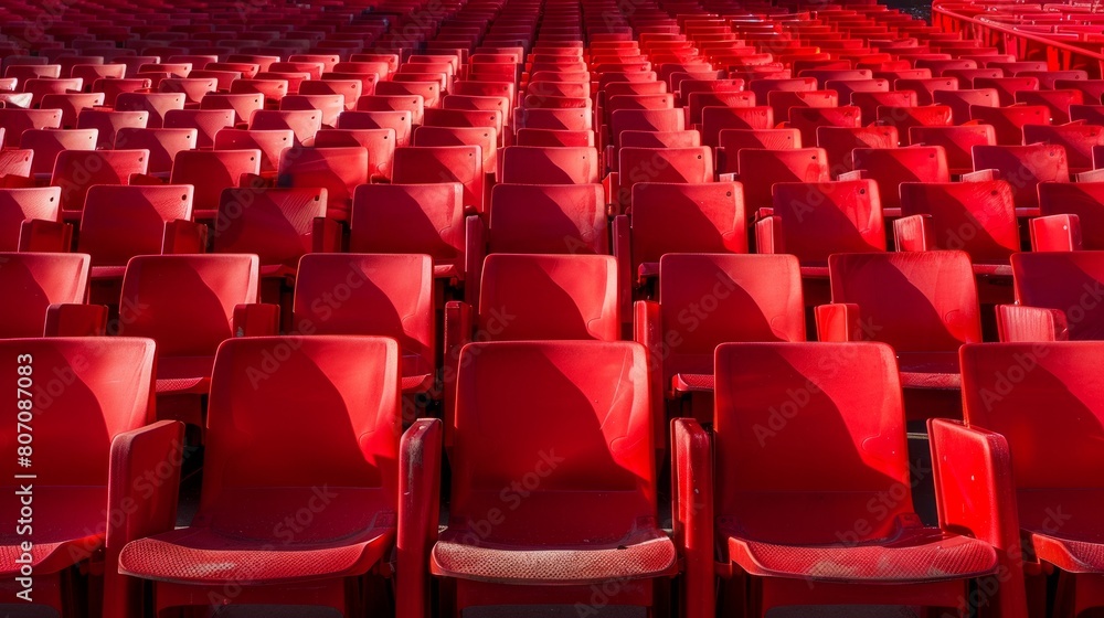 Fototapeta premium Red tribunes. seats of tribune on sport stadium. empty outdoor arena. concept of fans. chairs for audience. cultural environment concept. color and symmetry. empty seats. modern stadium