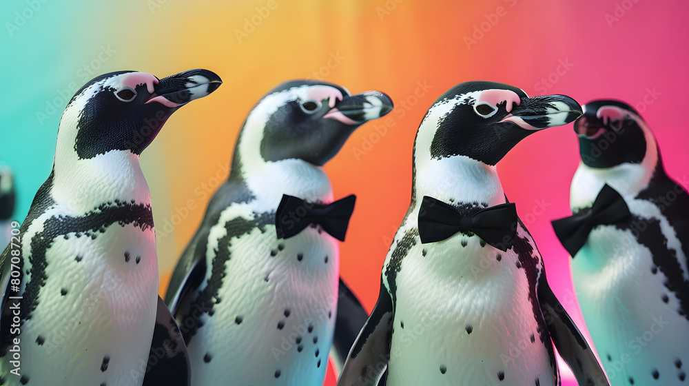 Obraz premium charming scene featuring a group of impeccably dressed penguins, each sporting their own unique ensemble of tuxedos and bowties, set against a colorful background