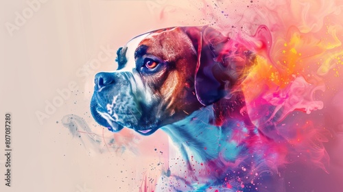 Vibrant abstract dog portrait in a whirl of colorful paint splashes ideal for modern art enthusiasts