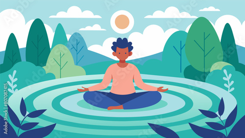 A teenager sitting crosslegged in the center of a labyrinth eyes closed and palms open as she meditates in the peaceful garden setting.. Vector illustration