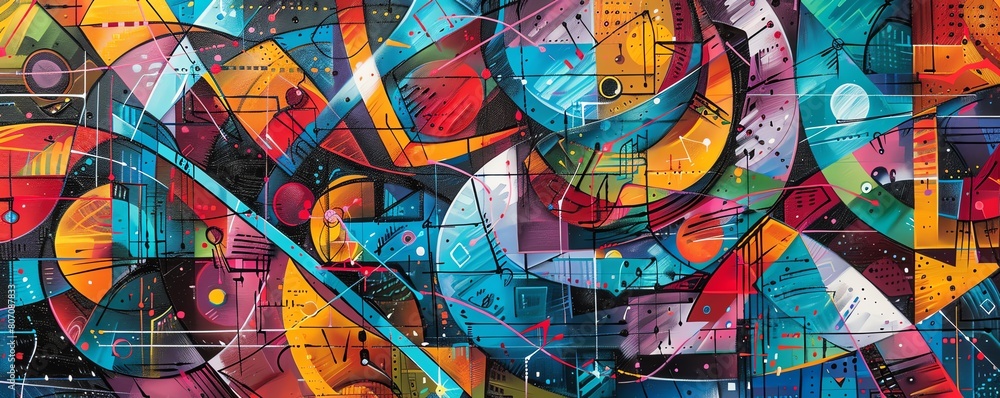 A painting with many different shapes and colors. The colors are bright and saturated. The shapes are geometric and abstract. The painting has a sense of movement and energy. A painting with many different shapes and colors. The colors are bright and saturated. The shapes are geometric and abstract. The painting has a sense of movement and energy.